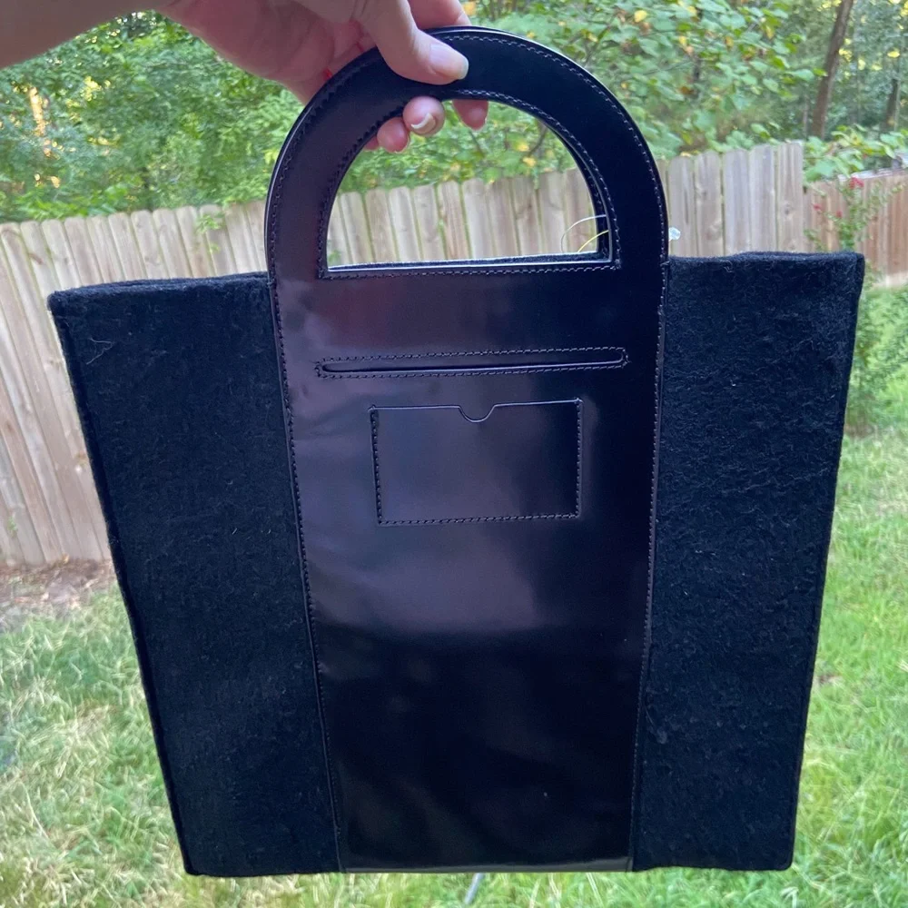RARE Kate Spade Vintage Black Leather Felt Wool Saturday Tote & Cut Out Handles.